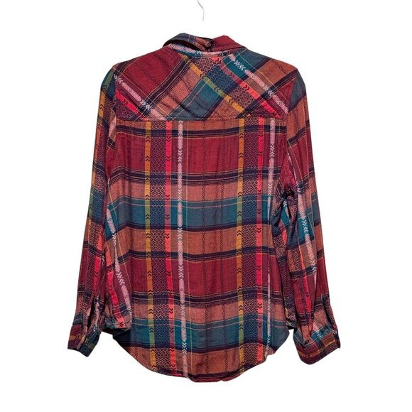 MUDD Y2K Burgundy Plaid Flannel Lace-Up Womens Boho Peasant Top Size Large - Picture 4 of 10